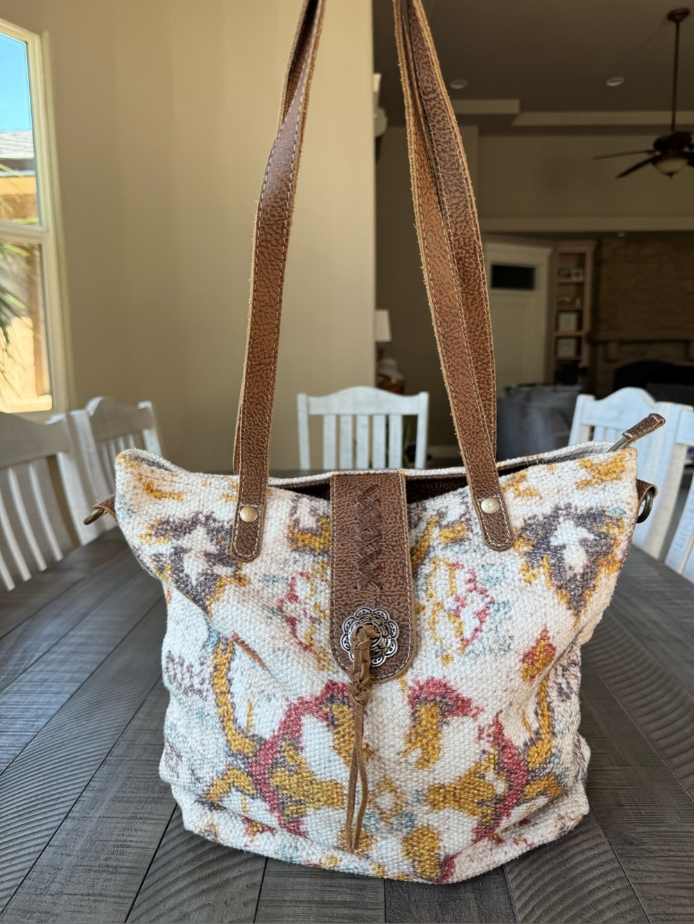 Myra Whimsical Boho Shoulder Bag Floral Tote Bag W/Leather Trim - Picture 6 of 16